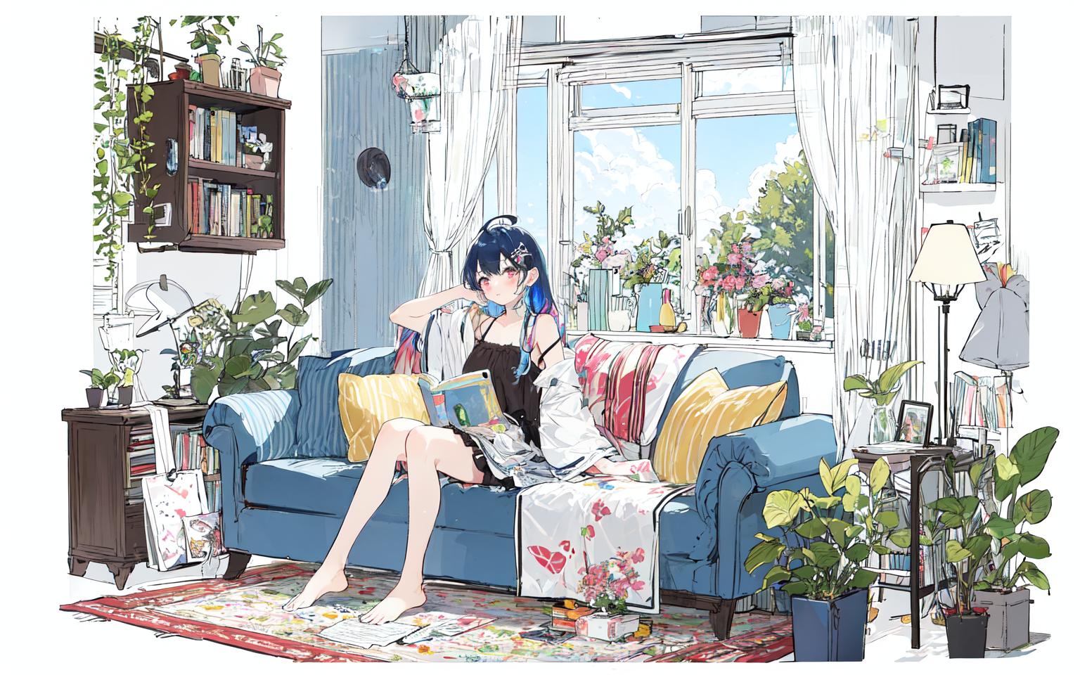 Anime girl sitting on a couch in a room with a window - SeaArt AI
