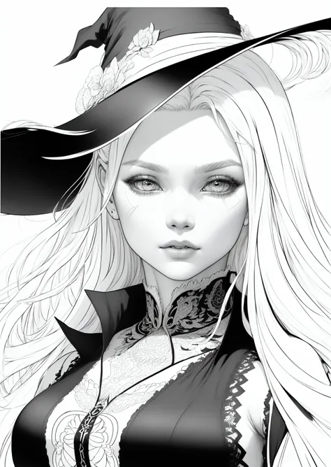1girl (adult woman:1.2) witch (very_long_hair, white_hair:1.3) (portrait:1.3) yakuza, ganster (coloring book, masterpiece, realistic:1.3), (extremely intricate:1.2), (sketch, doodles, monochrome, lineart:1.2) (by WLOP:1.3) <lora:animeLineartStyle_v20Offset:0.8>