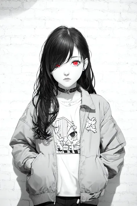best quality, intricate details, chromatic aberration,
1girl, long hair, black hair, messy hair, red highlights, hair over one eye, red eyes, sharp eyes,
choker, neon shirt, torn legwear, open jacket,
against wall, brick wall, graffiti, dim lighting, alley
<lora:animeLineartStyle_v20Offset:1> , monochrome, lineart