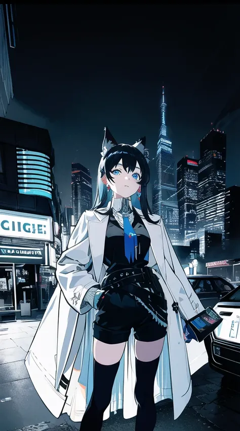 best quality,masterpiece, ultra high res, (realistic, photo-realistic:1.37), detailed shadow,Omertosa,((1girl)),(Headshot),animal ear,long black hair,shiny blue eyes,beautiful eyes,earring,,[:(detailed round face:1.2):0.2],white short shirt, Black open jacket,blue tie,(long black open sweater coat),Sapphire brooch,(black shorts),Black Over-the-knee socks,Italy street,cityscape,night, cyberpunk city,neon light, pokeface,(pureerosface_v1:0.5),