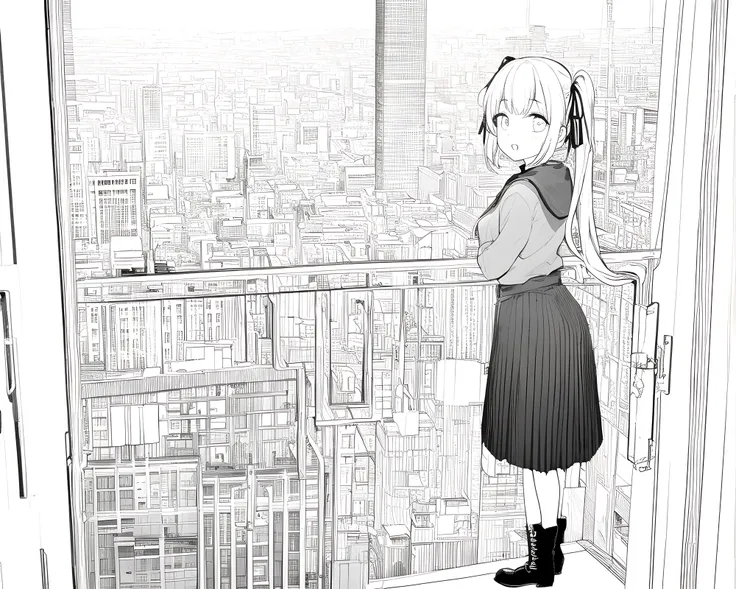 masterpiece, best quality, master, best quality, 1girl, monochrome, solo, greyscale, long hair, twintails, skirt, hair ribbon, looking back, looking at viewer, boots, ribbon, long sleeves, standing, bangs, pleated skirt, from above, indoors, window, cityscape, closed mouth, yoneyama mai, full body, masterpiece, best quality,