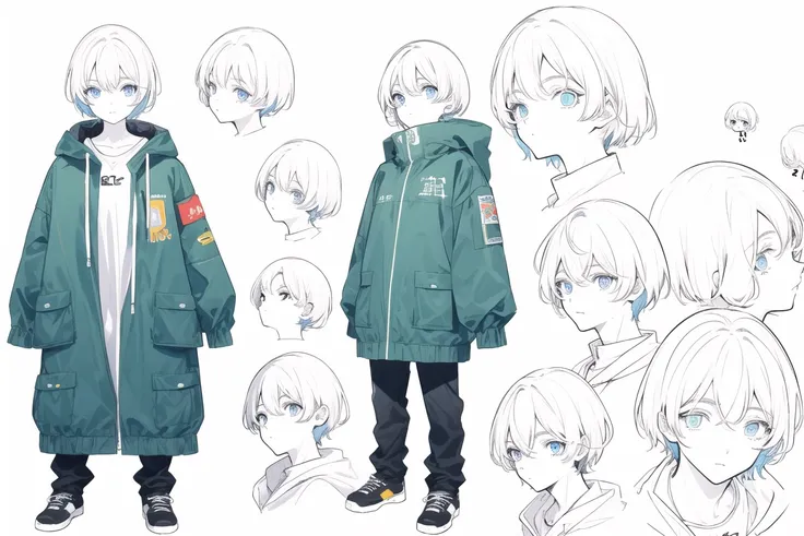 short hair with blue eyes, a science fiction style young teenage boy, cute face, 150 centimetres tall, wearing green jacket with cool pattern, wearing future style accessories, drawing character sheet, full body, same character at 3 angles,(simple background, white background:1.3), <lora:animeLineartStyle_v20Offset:1>,