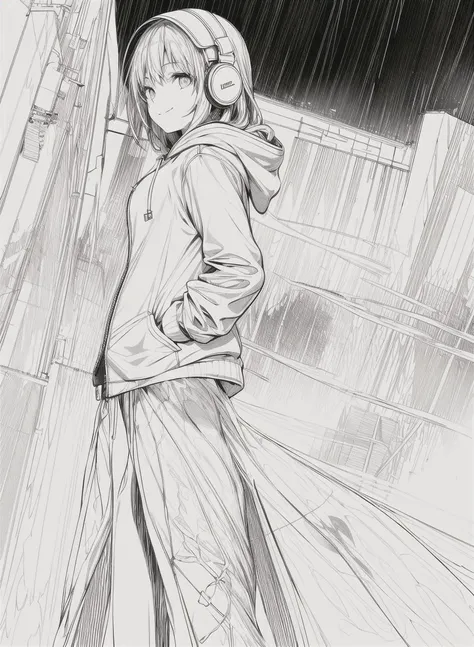 best masterpiece,1girl,solo,incredibly absurdres,hoodie,headphones, street,outdoors,rain,neon lights, light smile, hood up, hands in pockets, looking away, from side, lineart, monochrome,<lora:animeoutlineV4_16:1> <lora:add_detail:1>