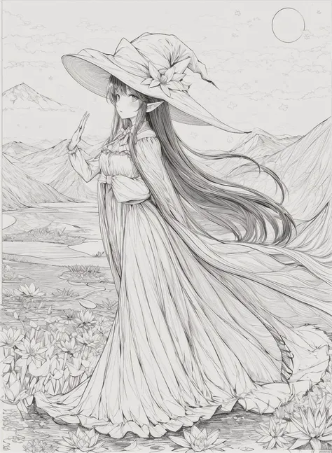 masterpiece, best quality,1girl, adjusting clothes, adjusting headwear, blush, bow, bowtie, breasts, brown eyes, brown hair, cloak, cloud, cloudy sky, crescent moon, dress, fantasy, flower, glowing, glowing flower, hat, light particles, lily pad, long hair, looking at viewer, moon, moonlight, mountain, mountainous horizon, night, outdoors, parted lips, pointy ears, pond, sky, small breasts, star (sky), starry sky, very long hair, wading, water lily flower, wind, witch, witch hat, lineart, monochrome,<lora:animeoutlineV4_16:1> <lora:add_detail:1>