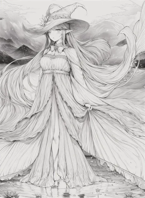 masterpiece, best quality,1girl, adjusting clothes, adjusting headwear, blush, bow, bowtie, breasts, brown eyes, brown hair, cloak, cloud, cloudy sky, crescent moon, dress, fantasy, flower, glowing, glowing flower, hat, light particles, lily pad, long hair, looking at viewer, moon, moonlight, mountain, mountainous horizon, night, outdoors, parted lips, pointy ears, pond, sky, small breasts, star (sky), starry sky, very long hair, wading, water lily flower, wind, witch, witch hat, lineart, monochrome,<lora:animeoutlineV4_16:1> <lora:add_detail:1>