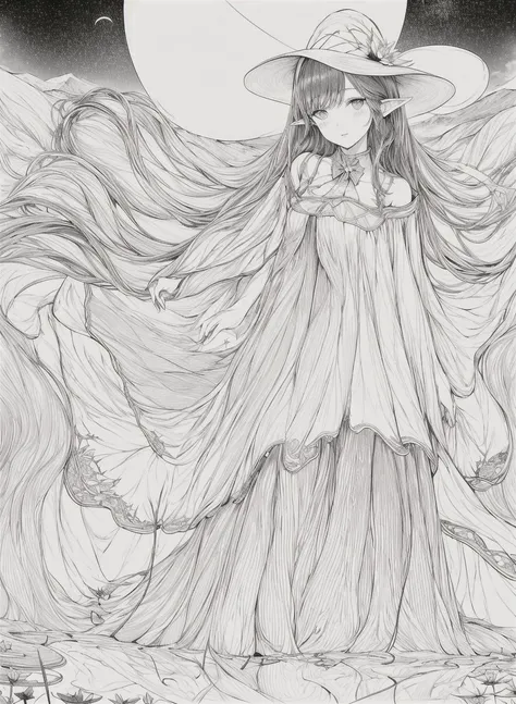 masterpiece, best quality,1girl, adjusting clothes, adjusting headwear, blush, bow, bowtie, breasts, brown eyes, brown hair, cloak, cloud, cloudy sky, crescent moon, dress, fantasy, flower, glowing, glowing flower, hat, light particles, lily pad, long hair, looking at viewer, moon, moonlight, mountain, mountainous horizon, night, outdoors, parted lips, pointy ears, pond, sky, small breasts, star (sky), starry sky, very long hair, wading, water lily flower, wind, witch, witch hat, lineart, monochrome,<lora:animeoutlineV4_16:1> <lora:add_detail:1>