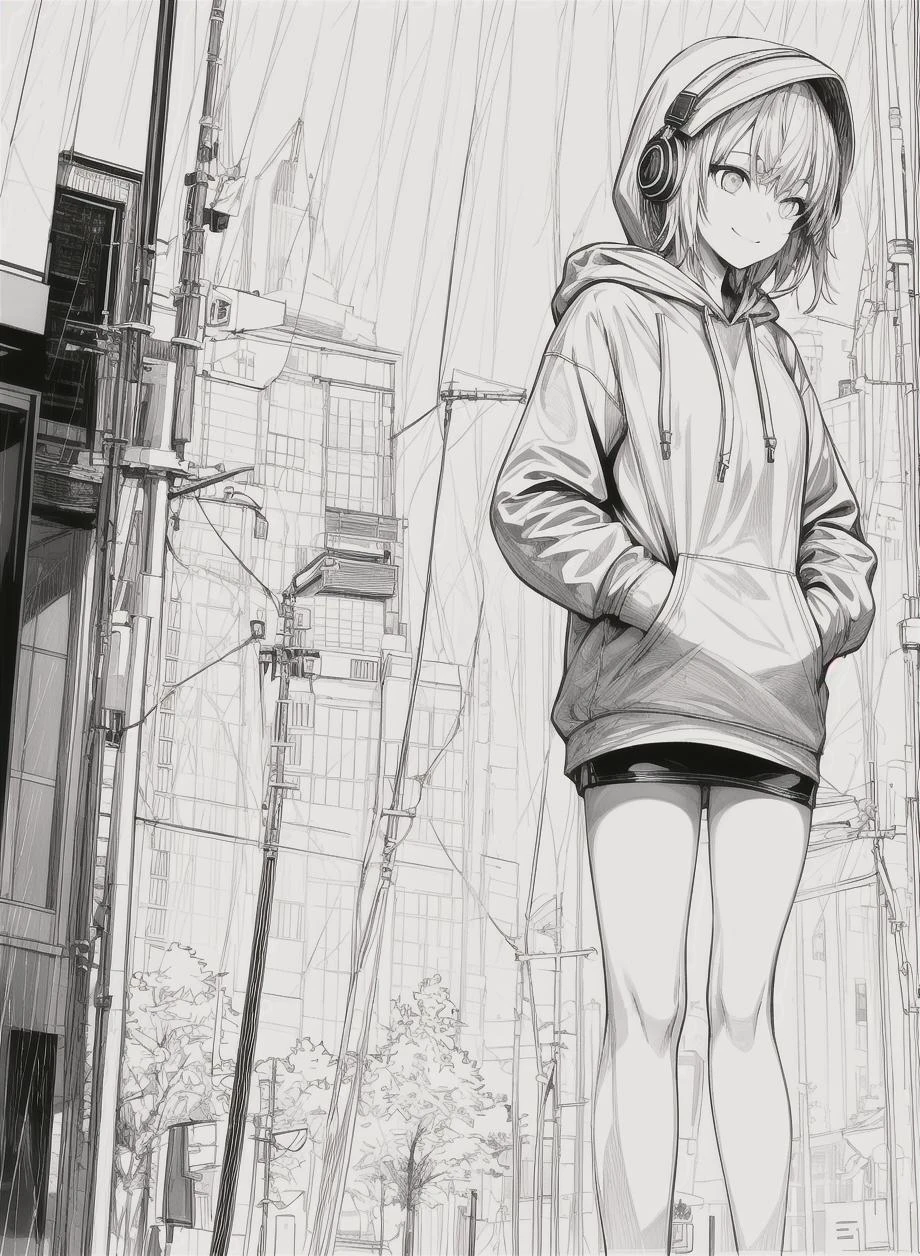 best masterpiece,1girl,solo,incredibly absurdres,hoodie,headphones, street,outdoors,rain,neon lights, light smile, hood up, hands in pockets, looking away, from side, lineart, monochrome,<lora:animeoutlineV4_16:1> <lora:add_detail:1>
