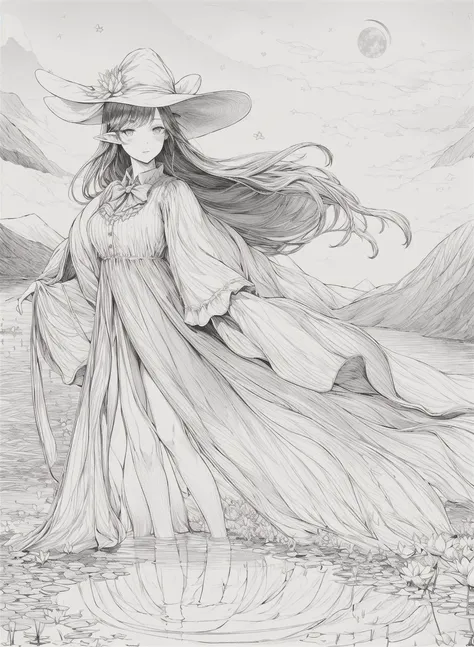 masterpiece, best quality,1girl, adjusting clothes, adjusting headwear, blush, bow, bowtie, breasts, brown eyes, brown hair, cloak, cloud, cloudy sky, crescent moon, dress, fantasy, flower, glowing, glowing flower, hat, light particles, lily pad, long hair, looking at viewer, moon, moonlight, mountain, mountainous horizon, night, outdoors, parted lips, pointy ears, pond, sky, small breasts, star (sky), starry sky, very long hair, wading, water lily flower, wind, witch, witch hat, lineart, monochrome,<lora:animeoutlineV4_16:1> <lora:add_detail:1>