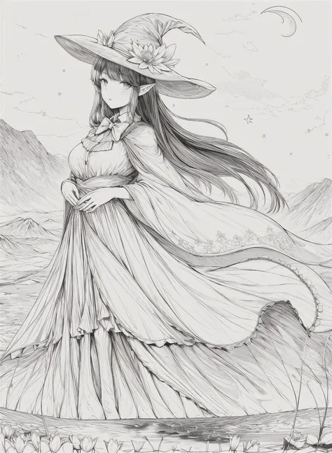 masterpiece, best quality,1girl, adjusting clothes, adjusting headwear, blush, bow, bowtie, breasts, brown eyes, brown hair, cloak, cloud, cloudy sky, crescent moon, dress, fantasy, flower, glowing, glowing flower, hat, light particles, lily pad, long hair, looking at viewer, moon, moonlight, mountain, mountainous horizon, night, outdoors, parted lips, pointy ears, pond, sky, small breasts, star (sky), starry sky, very long hair, wading, water lily flower, wind, witch, witch hat, lineart, monochrome,<lora:animeoutlineV4_16:1> <lora:add_detail:1>