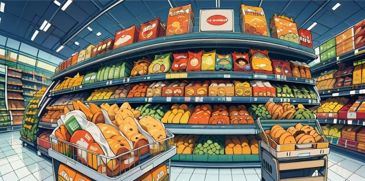 ((establishing shot:1.2, fisheye:1.2)), (masterpiece, best quality), (((inside a modern supermarket))), (((snacks isle))), lots of products in display, gondola shelving filled with snacks, multi colorpackages, cluttered isles, (secondary color:1.1), (primary color:1.5), colorful details, intricate detailed linework and a gritty, realistic aesthetic, shading and cross-hatching, no human, <lora:animeoutlineV4_16:0.8>, <lora:fractalized:0.3> fractal_environment,  <lora:add_detail:0.7>,  <lora:add_saturation:1>