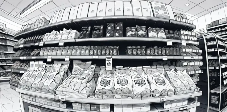 (establishing shot:1.2, fisheye:1.2), (masterpiece, best quality), (((inside a modern supermarket))), ((snacks and soda isle)), lots of products in display, checkout counter, gondola shelving filled with soda bottles, (monochrome)), ((lineart)), ((plain black and white)), intricate detailed linework and a gritty, realistic aesthetic, shading and cross-hatching, sharp focus, <lora:animeoutlineV4_16:1>, <lora:fractalized:0.3> fractal_environment