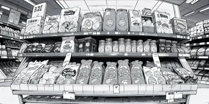 (establishing shot:1.2, fisheye:1.2), (masterpiece, best quality), (((inside a modern supermarket))), ((snacks and soda isle)), lots of products in display, checkout counter, gondola shelving filled with soda bottles, (monochrome)), ((lineart)), ((plain black and white)), intricate detailed linework and a gritty, realistic aesthetic, shading and cross-hatching, sharp focus, <lora:animeoutlineV4_16:1>, <lora:fractalized:0.3> fractal_environment