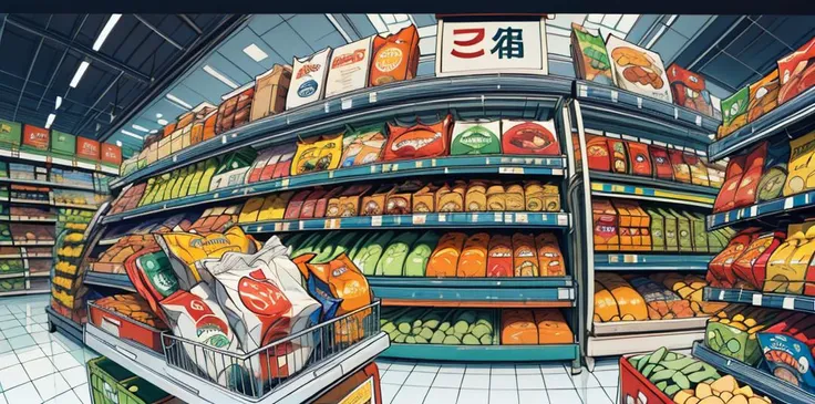 ((establishing shot:1.2, fisheye:1.2)), (masterpiece, best quality), (((inside a modern supermarket))), (((snacks isle))), lots of snacks products in display, gondola shelving filled with snacks, multi color packages, cluttered isles, (secondary color:1.5), (primary color:1.3), colorful details, intricate detailed linework and a gritty, realistic aesthetic, shading and cross-hatching, no human, <lora:animeoutlineV4_16:0.8>, <lora:fractalized:0.3> fractal_environment, <lora:add_detail:0.7>, <lora:add_saturation:1>