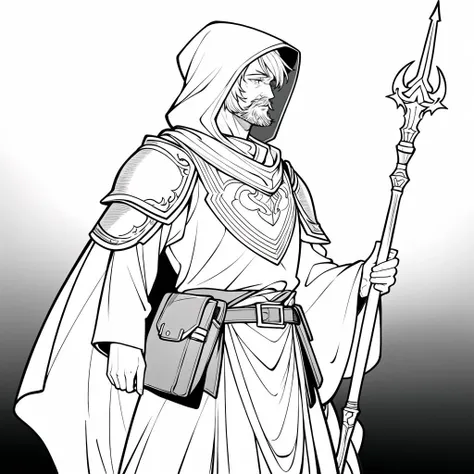 lineart,monochrome,(masterpiece:1.5),(best quality:1.5),1man,male focus,facial hair,holding,beard,hood,staff,old,gradient background,wizard,gradient,old man,solo,gem,white hair,hood up,mustache,long sleeves,holding staff,armor,belt,black background,shoulder armor,closed mouth,grey background,robe,simple background,wrinkled skin,long hair,pouch,standing,dynamic angle,(front view:1.4) monochrome,lineart,<lora:animeoutlineV4_16:1>,