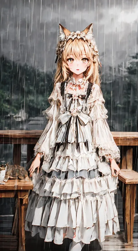 (masterpiece, best quality:1.3), rain in background, character focus, high detailed eyes, orange eyes, cherry blossom, white_clothes, looking_at_viewer, animal ears, long hair, blonde hair, over the table, senko, fox girl, full body, lolita_dress, <lora:add_detail:0.9>, <lora:animeoutlineV4_16:0.6>, <lora:multisenk2:0.7>, <lora:ChromaticAberration:0.3>, <lora:80'sFusion:0.6>, <lora:hyvv_20230804152746:0.2>, <lora:lolita_fasion_dress_classic_style2:0.7>