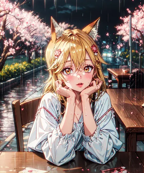 (masterpiece:1.4), rain in background, character focus, high detailed eyes, orange eyes, cherry blossom, white_clothes, looking_at_viewer, animal ears, long hair, blonde hair, over the table, <lora:add_detail:0.7>, <lora:animeoutlineV4_16:0.8>, <lora:multisenk2:0.9>, <lora:ChromaticAberration:0.3>, <lora:80'sFusion:0.6>