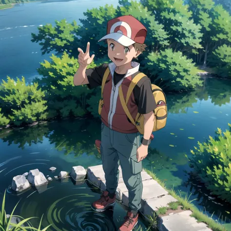 highres, masterpiece, red (pokemon), 1boy, solo, happy, from above, sunlight, lake, crystal clear water, reflection