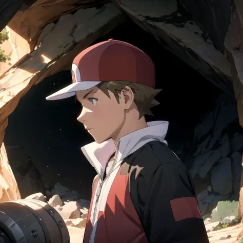 highres, masterpiece, red (pokemon), 1boy, solo, upper body, side view, in a big day cave, weak light