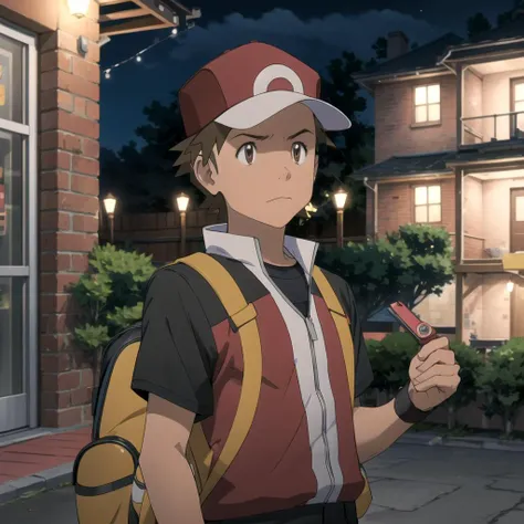 highres, masterpiece, red (pokemon), 1boy, solo, outside, at night