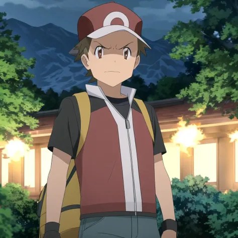 (masterpiece, highres), 1boy, red (pokemon), solo, angry, looking at viewer, outdoor, night, forest on fire in the background