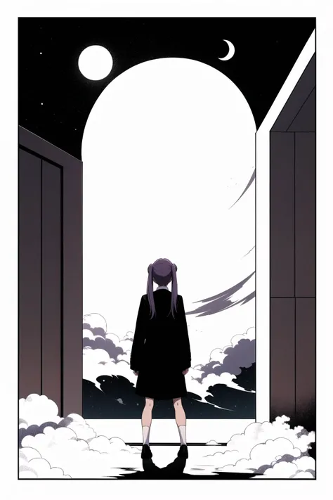 ora:concept:0.7>,concept,letterbox,1girl,full body,cloud,white socks,tsukino usagi,purple shirt,long sleeves,moon,facing away,twintails,window,crescent moon,simple background
