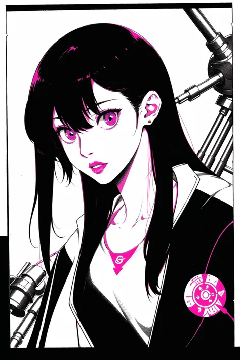 <lora:concept:0.6>,absurdres,pink_eyes,looking_at_viewer,mechanical_parts,cable,junjunforever,black_hair,head_back,upper_body,shirt,highres,jacket,long_hair,1girl,parted_lips,solo