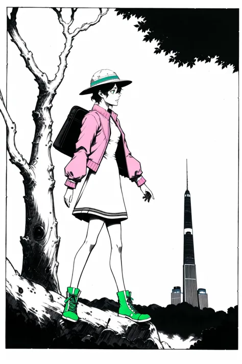 <lora:concept:0.7>,absurdres,highres,pink_jacket,open_jacket,full_body,holding,hat,teeth,dress,bag,green_footwear,hat_ribbon,white_dress,solo,ribbon,black_cat,skyscraper,tree,open_clothes