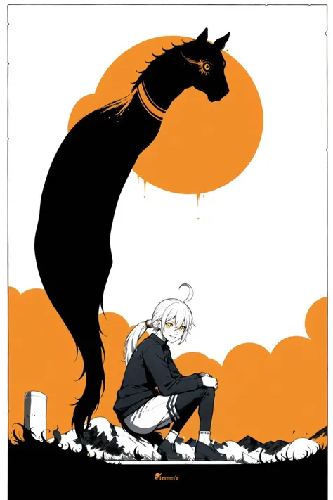 <lora:concept:0.7>,portrait,loafers,simple_background,long_hair,horse_tail,smile,earrings,shirt,looking_at_viewer,ponytail,solo,yellow_eyes,orange_sweater,autumn_leaves,katuko_deluxe,long_bangs,hair_between_eyes,ahoge,black_footwear,piercing,black_pantyhose,tail,white_background,horse_girl,manhattan_cafe_(umamusume),shoes,single_earring