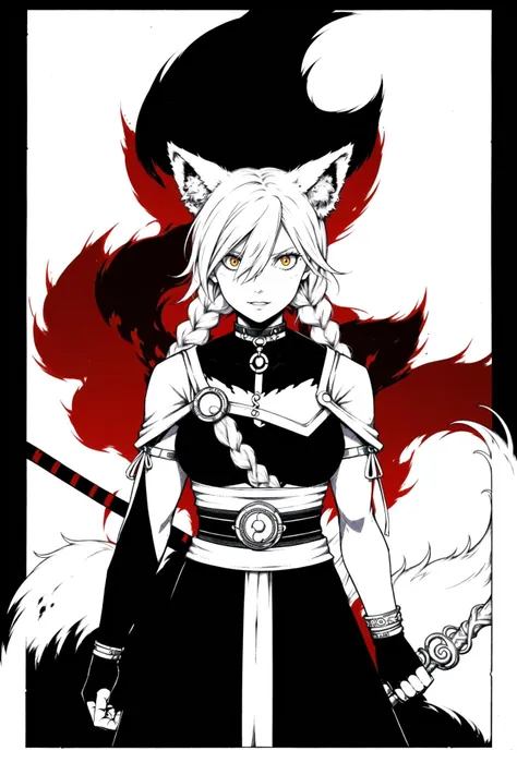 <lora:concept:0.7>,portrait,black_gloves,1girl,collar,blonde_hair,looking_at_viewer,hair_rings,fox_girl,highres,animal_ear_fluff,fox_ears,hair_between_eyes,multiple_tails,kitsune,fox_tail,clothing_cutout,otuyu_715,kyuubi,two-tone_hair,white_hair,single_wrist_cuff,holding,holding_staff,frills,twin_braids,gloves,shoulder_cutout