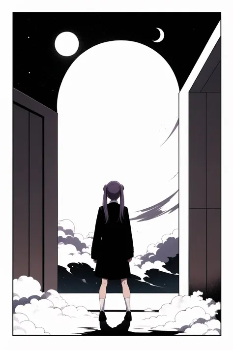 ora:concept:0.7>,concept,letterbox,1girl,full body,cloud,white socks,tsukino usagi,purple shirt,long sleeves,moon,facing away,twintails,window,crescent moon,simple background