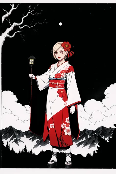 <lora:concept:0.5>,inzaniak,border,letterbox,concept,night,highres,sandals,hair ornament,patterned clothing,red eyes,looking at viewer,bug,makeup,tree,red lips,outdoors,japanese clothes,flower,night sky,sky,solo