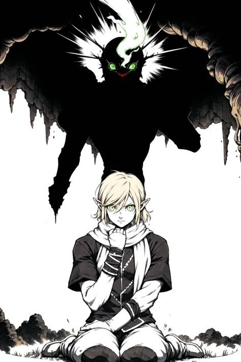 <lora:concept:0.7>,portrait,cave,umarutsufuri,1girl,blonde_hair,glowing,pointy_ears,glowing_eyes,white_scarf,mizuhashi_parsee,brown_shirt,green_eyes,ribbon_trim,sitting,solo,medium_bangs,arm_warmers,scarf,half_updo,shirt,short_sleeves,touhou