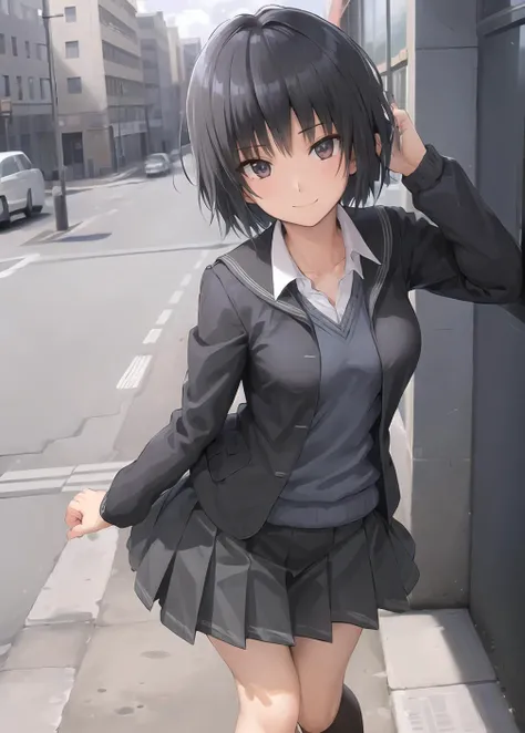 (masterpiece, best quality,extreme detailed beautiful eyes), best illumination, perfect lighting,look at viewer, (1 girl, solo,day, city:1.3),<lora:nanasaki_lycoris_bf16:0.5> ,nanasakiai,nanasaki_ai,
(full body,dynamic angle,dynamic pose,smile,shiny_eyes:1.2),(long_sleeves,black_jacket,jacket,school_uniform,kibito_high_school_uniform:1.2),
(short_hair,large_breasts,collarbone:1.2),black_bowtie,black_skirt,pleated_skirt,white_shirt
