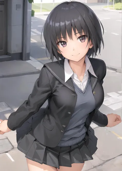 (masterpiece, best quality,extreme detailed beautiful eyes), best illumination, perfect lighting,look at viewer, (1 girl, solo,day, city:1.3),<lora:nanasaki_lycoris_bf16:0.5> ,nanasakiai,nanasaki_ai,
(upper body,dynamic angle,dynamic pose,smile,shiny_eyes:1.2),(long_sleeves,black_jacket,jacket,school_uniform,kibito_high_school_uniform:1.2),
(short_hair,large_breasts,collarbone:1.2),black_bowtie,black_skirt,pleated_skirt,white_shirt