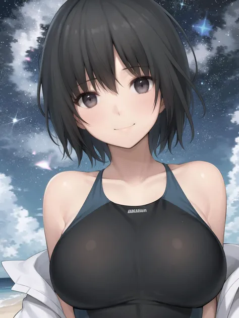 (masterpiece, best quality,extreme detailed beautiful eyes), best illumination, perfect lighting, (1 girl, solo,night, beach, starry_sky :1.3) , <lora:nanasaki_lycoris:0.5>,nanasakiai,nanasaki_ai,
(upper body,dynamic angle,dynamic pose,smile,shiny_eyes:1.2),
(short_hair, large_breasts,collarbone:1.2),competition_swimsuit,one-piece_swimsuit,swimsuit,black_swimsuit