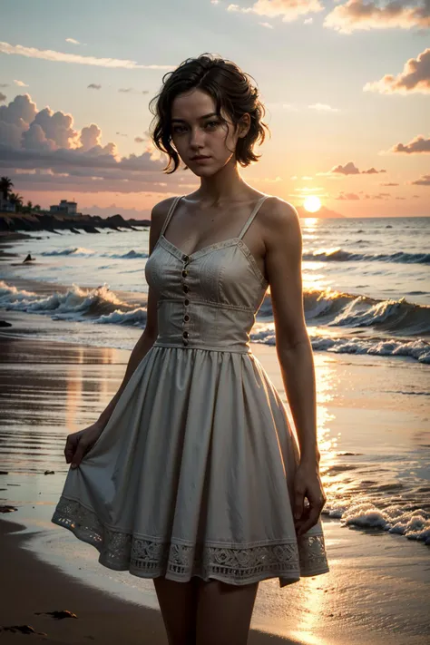 ((ultra detailed, masterpiece, absurdres))
<lora:THLilianne:0.7>
THLilianne, 1girl, brown hair, on a beach during a vibrant sunset, sundress, playing with the waves