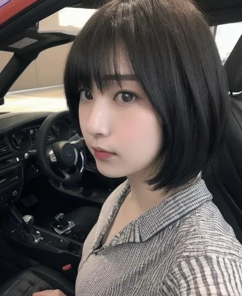 portrait of slim 1girl <lora:ArachidaRyoko:1>, bang, wavy short hair, as sales person, at car center, wide angle, close up