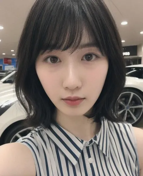 portrait of slim 1girl <lora:ArachidaRyoko:1>, bang, wavy short hair, as sales person, at car center, wide angle, close up
