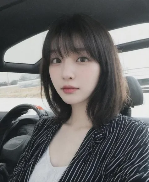 portrait of slim 1girl <lora:ArachidaRyoko:1>, bang, wavy short hair, as sales person, at car center, wide angle, close up