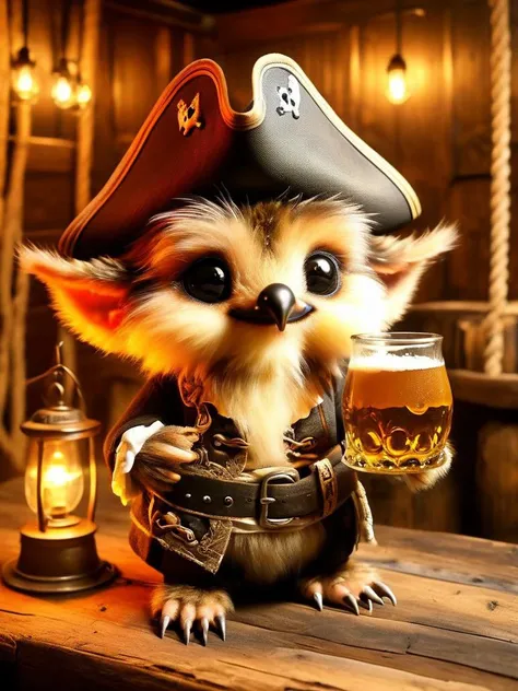 fur pirates, drinking beer, holding a beer mug, at a bar, pirate bar, pirate themed bar, dimm light, candle lights, rotten, old, wood <lora:furpirate-000004:0.9>