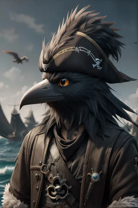 <lora:furpirates:0.5>, fur pirates, cartoon crow wearing pirate hat, no humans, masterpiece, 8k, high resolution, shallow depth of field, sharp focus