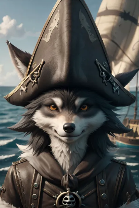 <lora:furpirates:0.5>, fur pirates, cartoon wolf wearing pirate hat, no humans, masterpiece, 8k, high resolution, shallow depth of field, sharp focus