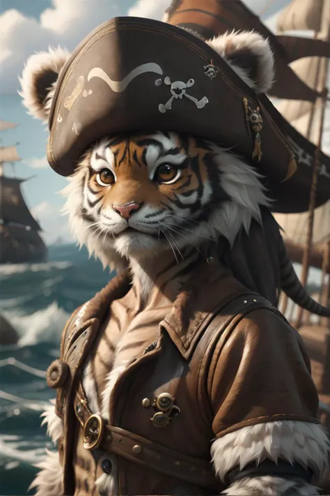 <lora:furpirates:0.5>, fur pirates, cartoon tiger wearing pirate hat, no humans, masterpiece, 8k, high resolution, shallow depth of field, sharp focus