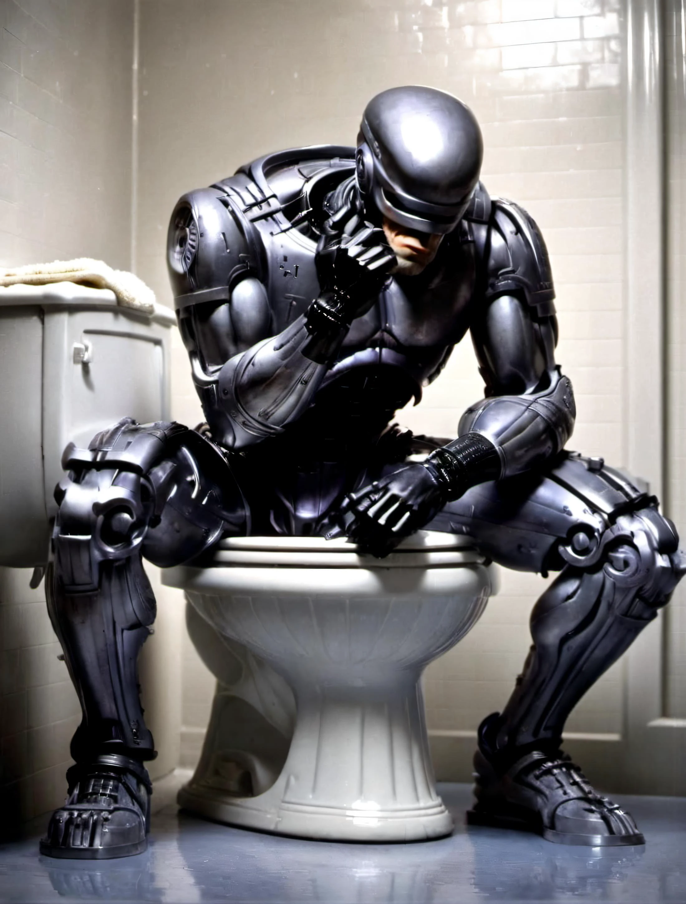 8k hi-res ((zoomed-out, low-focal length, wide field of view), large detailed bathroom interior:1.2), (full-body photo) of the thinker statue by rodin, robocop <lora:hjocprobocop_v10xl:1.1> (squatting sitting (on a toilet bowl):1.333) (((leaning forward with bent elbow on knee with forearm raised below face, chin resting above hand fist knuckles))), (the thinker pose by rodin:1.222), bathroom interior, detailed masterpiece, <lora:Alec Soth style:0.5> <lora:AdvancedEnhancerXL:0.6> movie still, film still, , caustics, cinematic, cinematic shot, cinematic lighting, 35mm film, <lora:Gregory Crewdson Style:0.5> <lora:Grit-SDXL:0.6> grit on walls, scuffed chrome, stains on tiled bathroom floor,