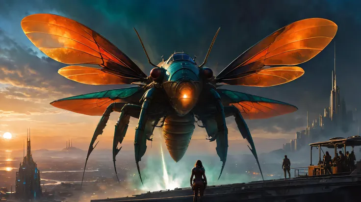 (action shot of a far (creature fusion of giant insect, machine, soft-bodied animal, composite materials, artificial nerves, artificial muscles, and titanium alloy, glowing, mechanical joints, cockpit, intricate bronze elements, ((thin film of oil on metal)) (Cybernetic enhancements:1.4), (Bioluminescent abdomen:1) (large beautyful intricate transparent wings:1.2), (by Leonardo da Vinci:1.3):1.4) far away (long spaceship) landing on the ground tilted backwards, tilted it lands with a loud noise, lifting the dust from the ground, smoke streaming from the reactors below, in a far vibrant dystopian cyberpunk city at sunset, (a female/male cyborgs in the foreground is watching:1), a visor over the eyes, with passengers waiting to board, people working on the spaceship, repairing it:) ((black, red, white) cybernetic bodyarmor), (the armor is damaged), (layers of rust, dust and blood on the armor are visible) threatening weapon
movie still, film still, cinematic shot, scenery, side view, Cinematic scene, extreme long shot, view from below shot, dynamic angle, dynamic pose, motion blur, masterpiece, best quality, 8k, natural lighting, soft lighting, rim sunlight, wide-angle,
intricate details, highly detailed, high quality, sharp focus Professional photography, bokeh, natural lighting, cinema composition, film framing, dramatic sunset cloudy sky, J. M. W. Turner sunset, moody, Bronze indoors, Dune movie, night, dark theme
(masterpiece, top quality, best quality, beautiful and aesthetic:1), cinematic light, volumetric lighting, rim lighting, , lens flare, soft bokeh, science fiction, cyberpunk city, far perspective, Airbrush painting, Canon EF, 35mm, Vibrant Color, (lens flares:1), (motion blur:1) RAW photo shot by dslr Fujifilm XT3, , visually stunning, dark atmosphere, night,
cinematic Rim illumination, epic, breathtaking, dramatic, completed artwork, far perspective, (2 tone blue emerald/orange lighting:1.2)
<lora:starcitizen-lora:0.1>
<lora:offset_0.2:0.8> <lora:AdvancedEnhancerXL:1> <lora:Grit-SDXL:0.6> pbr texture, grit, stains, (metal worn edges:1.2)
fdxlborisvallejo style, Art by Boris Vallejo, <lora:FDXLBorisVallejo:0.7> <lora:Cloudify-SDXL:0.4>