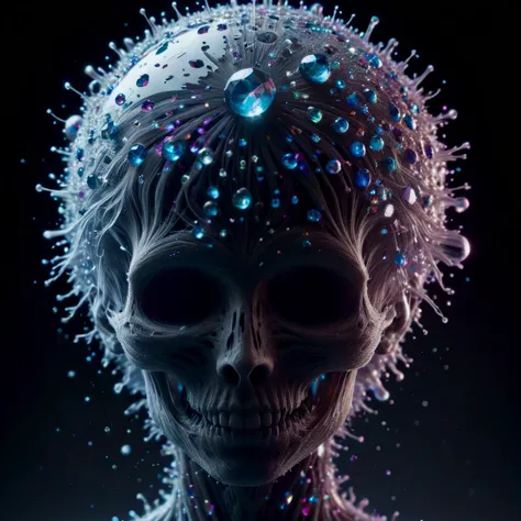 Hyperrealistic style creating artworks that closely resemble high-resolution photographs, often with an emphasis on minute details, beautifully morbid skeleton women, zkeleton, (diamonds covered zkeleton, crystalz:1.4), iroquoi haircut made of vibrant rainbow gradient fractal cloud exponential explosion, shooting ink in water, splattered, centered, soft lightning, 8k, ultradetailled, hyperrealism, closely resemble, high-resolution photographs, minute details, lifelike, precise, realistic, meticulous,diamonds covered zkeleton, crystalz, iroquoi haircut made of vibrant rainbow gradient fractal cloud exponential explosion, shooting ink in water, splattered, centered, soft lightning, 8k, ultradetailled