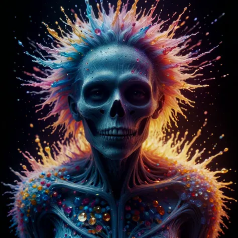 Watercolor painting style with translucent layers, blending colors, and a fluid, organic feel, beautifully morbid skeleton women, (diamonds covered zkeleton, crystalz:1.4), iroquoi haircut made of vibrant rainbow gradient fractal cloud exponential explosion, shooting ink in water, splattered, centered, soft lightning, 8k, ultradetailled, translucent layers, blending colors, fluid, organic, artistic, delicate, ethereal, painterly,diamonds covered zkeleton, crystalz, iroquoi haircut made of vibrant rainbow gradient fractal cloud exponential explosion, shooting ink in water, splattered, centered, soft lightning, 8k, ultradetailled