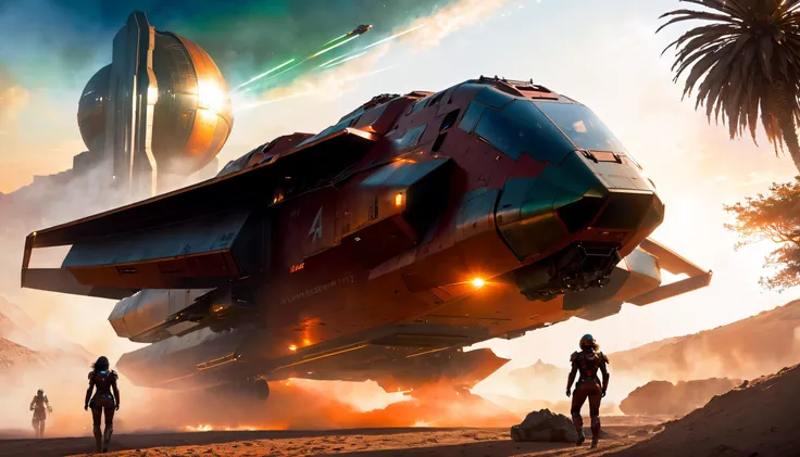 (action shot of a far metallic red/grey Crusader Industries, A2 Hercules Starlifter, long spaceship landing on the ground tilted backwards, banked turn, lands with a loud noise, lifting the dust from the ground, smoke streaming from the reactors below, in a vibrant dystopian cyberpunk city at sunset, (a female/male cyborgs in the foreground is watching:1.4), a visor over the eyes, with passengers waiting to board, people working on the spaceship, repairing it:1.3) ((black, red, white:1.1) cybernetic bodyarmor:1.2), (the armor is damaged:1.1), (layers of rust, dust and blood on the armor are visible:1.3) threatening weapon
((thin film of oil on metal))
movie still, film still, cinematic shot, scenery, side view, Cinematic scene, extreme long shot, view from below shot, dynamic angle, dynamic pose, science fiction style, motion blur, masterpiece, best quality, 8k, natural lighting, soft lighting, rim sunlight, wide-angle,
intricate details, highly detailed, high quality, sharp focus Professional photography, bokeh, natural lighting, cinema composition, film framing, dramatic sunset cloudy sky, J. M. W. Turner sunset, moody, Bronze indoors, Dune movie, night, dark theme, cables, land vehicles, smoke, detailed ground, rocks, plants, vegetation, running people, arm up,
(masterpiece, top quality, best quality, beautiful and aesthetic:1.2), cinematic light, volumetric lighting, rim lighting, , lens flare, soft bokeh, science fiction, cyberpunk city, far perspective, Airbrush painting, Canon EF, 35mm, Vibrant Color, (lens flares:1.2), (motion blur:1.3)
cinematic Rim illumination, epic, breathtaking, dramatic, completed artwork, far perspective, (2 tone blue emerald /orange lighting:1.2) golden hour
<lora:offset_0.2:0.7> <lora:wowifierXL:0.4> art by mooncryptowow <lora:Cloudify-SDXL:0.6> <lora:starcitizen-lora:0.8> 
<lora:cyborg_style_xl:0.2> fdxlborisvallejo style, Art by Boris Vallejo, <lora:FDXLBorisVallejo:1> <lora:AdvancedEnhancerXL:1.5>          <lora:Grit-SDXL:1> pbr texture, grit, stains, rust, metal worn edges,