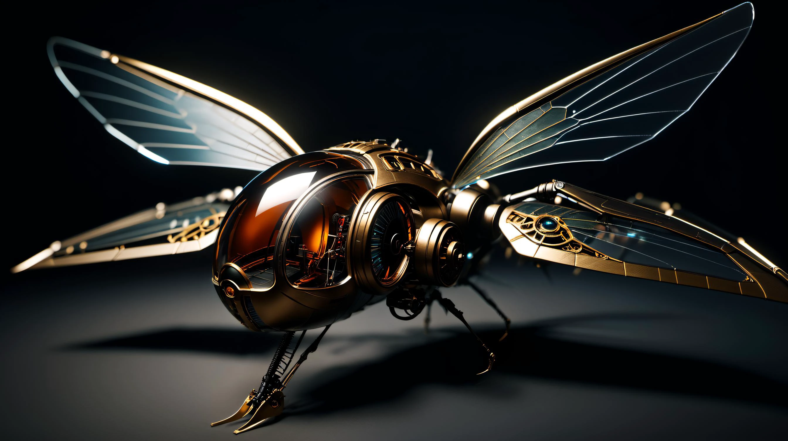 macro close-up side view photograph of a bizarre creature fusion of insect, machine, soft-bodied animal, composite materials, artificial nerves, artificial muscles, and titanium alloy, juicy, glowing, mechanical joints, intricate bronze elements, ((thin film of oil on metal)) (Cybernetic enhancements:1.4), (Bioluminescent abdomen:1). on a rock, (drinks a drop of water) water droplet on the rock, (moss:0.6), (large beautyful intricate transparent wings:1.4), (by Leonardo da Vinci:1.2) (intricate pilot in cockpit:1.3)
cinematic studio shot, dynamic composition, incredibly detailed, sharpen, (details, intricate detail:1.2), professional lighting, film lighting, 35mm, anamorphic, lightroom, cinematography, (sharp faceted bokeh), lens flare, film grain, HDR10, 8K, Roger Deakins, ((cinematic)) focus-stacking, bloom, glowing
(dark background:1.3)
<lora:offset_0.2:0.8> <lora:AdvancedEnhancerXL:1.2> <lora:cyborg_style_xl:0.2> <lora:Grit-SDXL:0.7> pbr texture, grit, stains, (metal worn edges:1.2) <lora:starcitizen-lora:0.5>