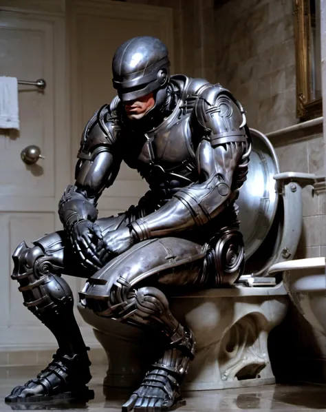 solo 4k (wide-angle large detailed bathroom interior:1.1), (full-body photo) of the thinker statue by rodin, robocop <lora:hjocprobocop_v10xl:1.1> (squatting sitting on the toilet:1.3) (leaning forward with elbow on knee and chin resting on knuckles), (the thinker pose by rodin:1.1), bathroom interior, detailed masterpiece,  <lora:Alec Soth style:0.5> <lora:AdvancedEnhancerXL:0.6> movie still, film still, cinematic, cinematic shot, cinematic lighting, 35mm film, <lora:Gregory Crewdson Style:0.5> <lora:Grit-SDXL:0.6> grit on walls, scuffed chrome, stains on tiled bathroom floor,